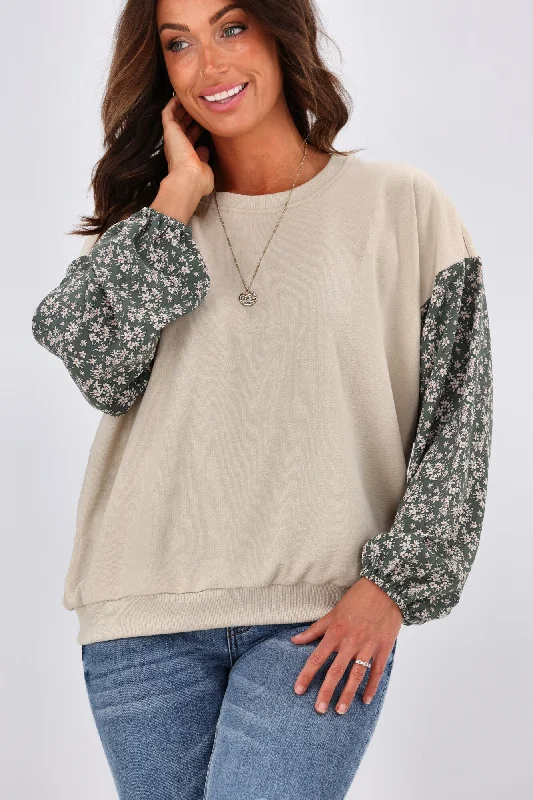 Shine On label Sabine Floral Sleeve Crew Top Oatmeal