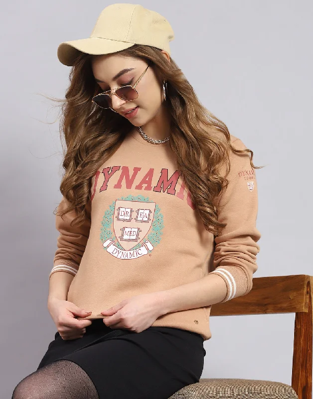 Women Beige Printed Round Neck Full Sleeve Sweatshirt